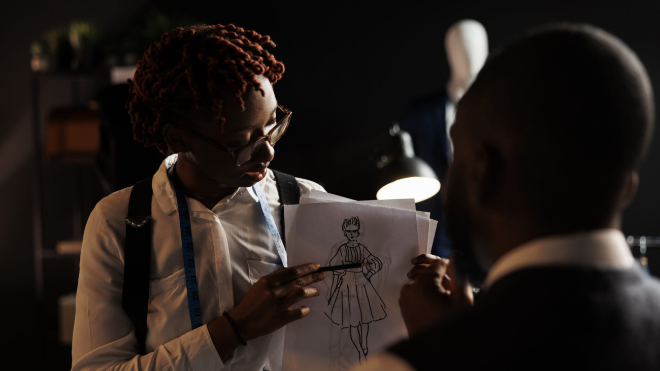 Experienced fashion designer showing couturier sketch drawing of wedding dress she wants him to customize. African american dressmakers working on stylish bespoke sartorial attire