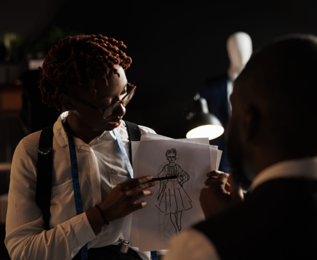 Experienced fashion designer showing couturier sketch drawing of wedding dress she wants him to customize. African american dressmakers working on stylish bespoke sartorial attire